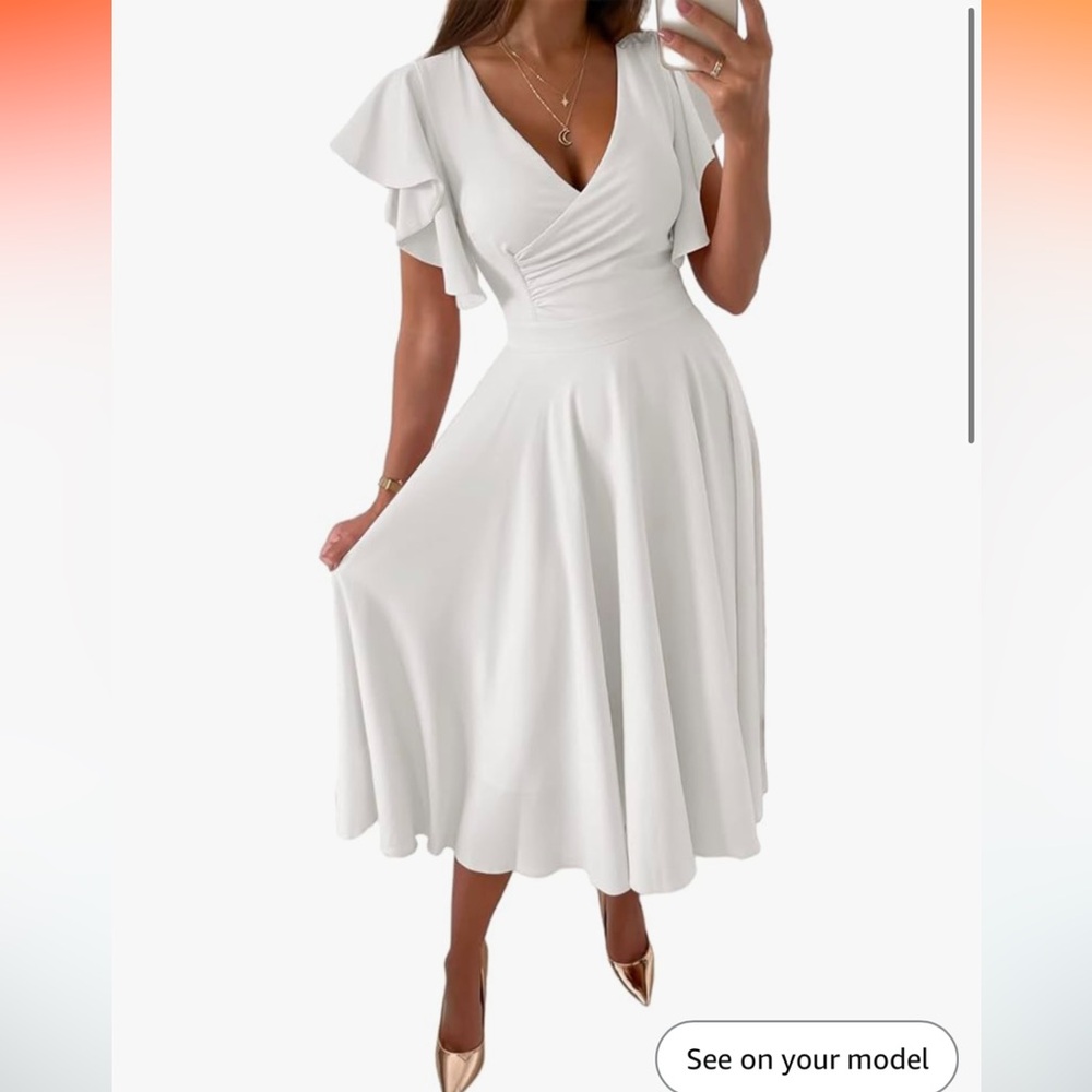 LYANER Women's V Neck Ruffle Short Sleeve Flared Cocktail Party Midi Dress